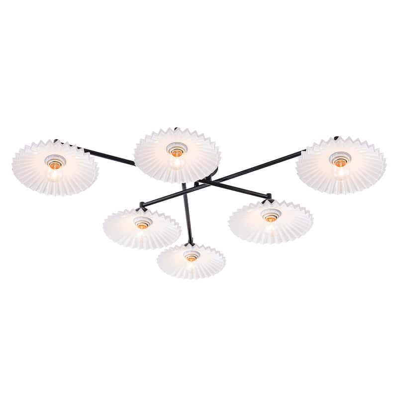 6-Light Matte Black Branch Flush Mount Ceiling Light with White Glass Shades - Dia.40.16-in