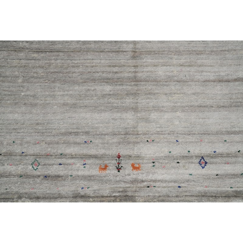 Hand Knotted Oriental Viscose Silk Carpet Tribal Animal Pictorial Greys & Charcoal Gabbeh Area Rug - 8' 9'' X 8' 9''