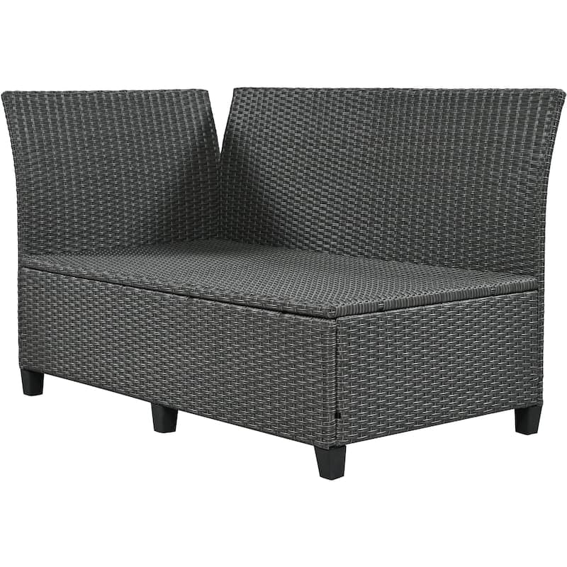 Roomfitters 5-Piece Outdoor PE Wicker Patio Sofa Set with 2 Extendable Side Tables, Dining Table
