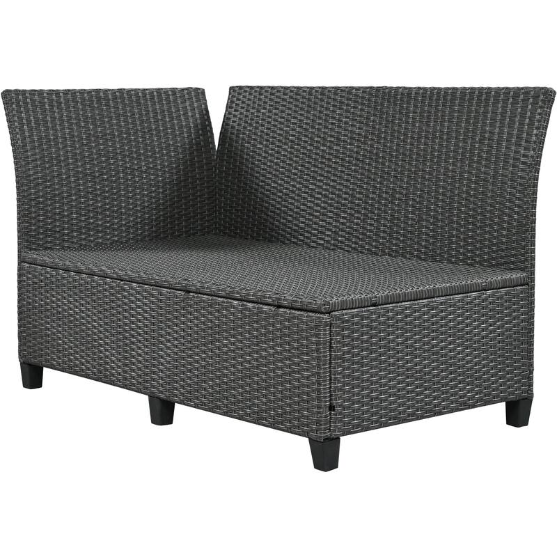 Roomfitters 5-Piece Outdoor Rattan Sofa Set, Patio Sectional Furniture with Dining Table, Storage Bench, Side Trays