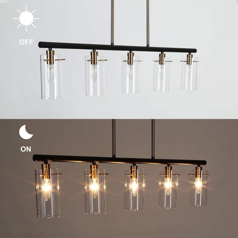 Modern Farmhouse 5-Light 36" L Black Gold Linear Chandelier Cylinder Glass Island Lights for Dining Room - 36" L x 3" W x 8" H