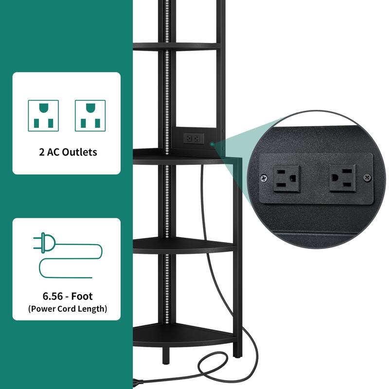 Wood 5 Tier Corner Bar Rack Shelf with Power Outlets LED Lights Glass Holder Black