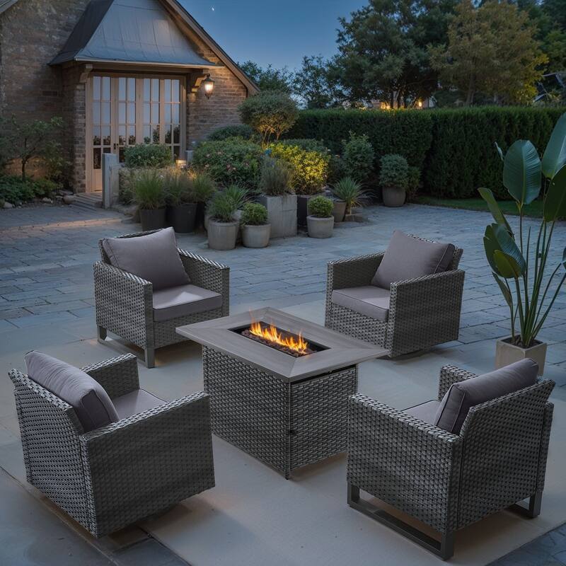5 Pieces Patio Wicker with Fire Pit Table - Grey cushion - Grey - Grey