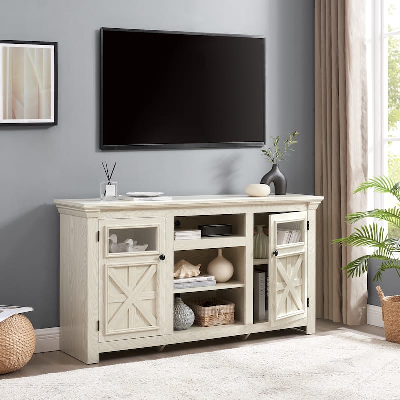Farmhouse TV Stand 2 Doors Cabinet with Open Shelves, White TV Media Console Cabinet Entertainment Center