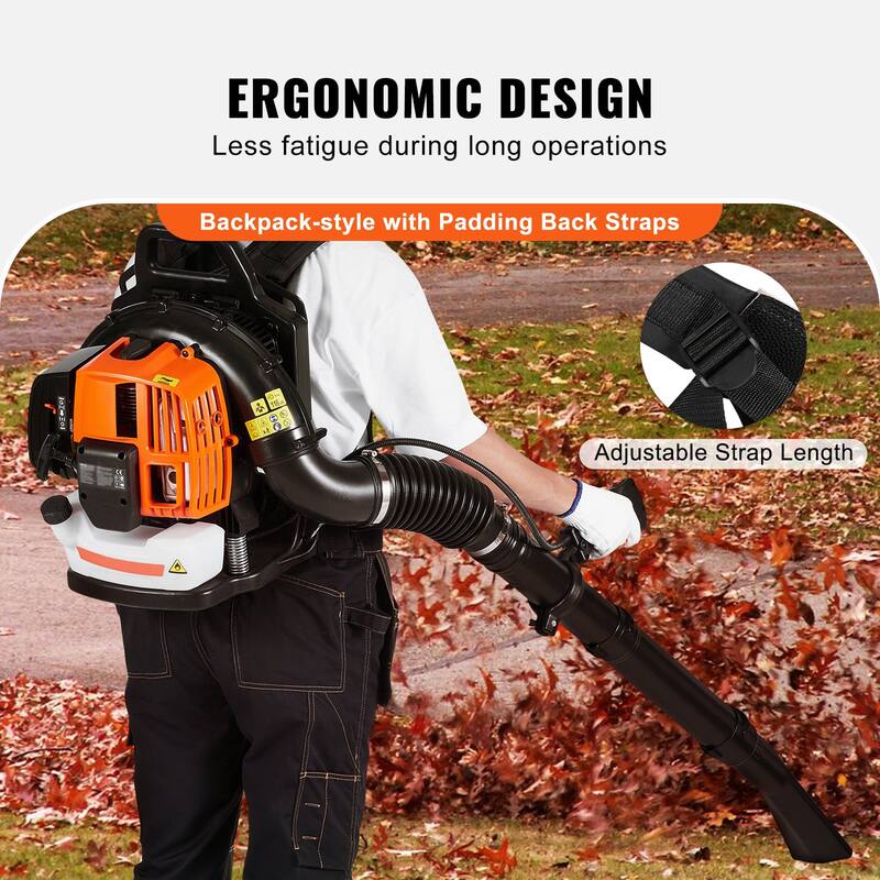Orange Backpack Leaf Blower with Fuel Tank and Adjustable Padded Shoulder Straps