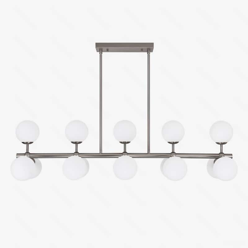 44in W Linear Mid Century Modern Chandelier 15 Light Gold Brass Sputnik Pendant Light with Frosted Glass Globe for Dining Room