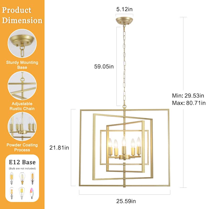 25.59inch 5 Lights Modern Chandelier with 4 Metal Frames 360 Degree Adjustable for Different Rooms
