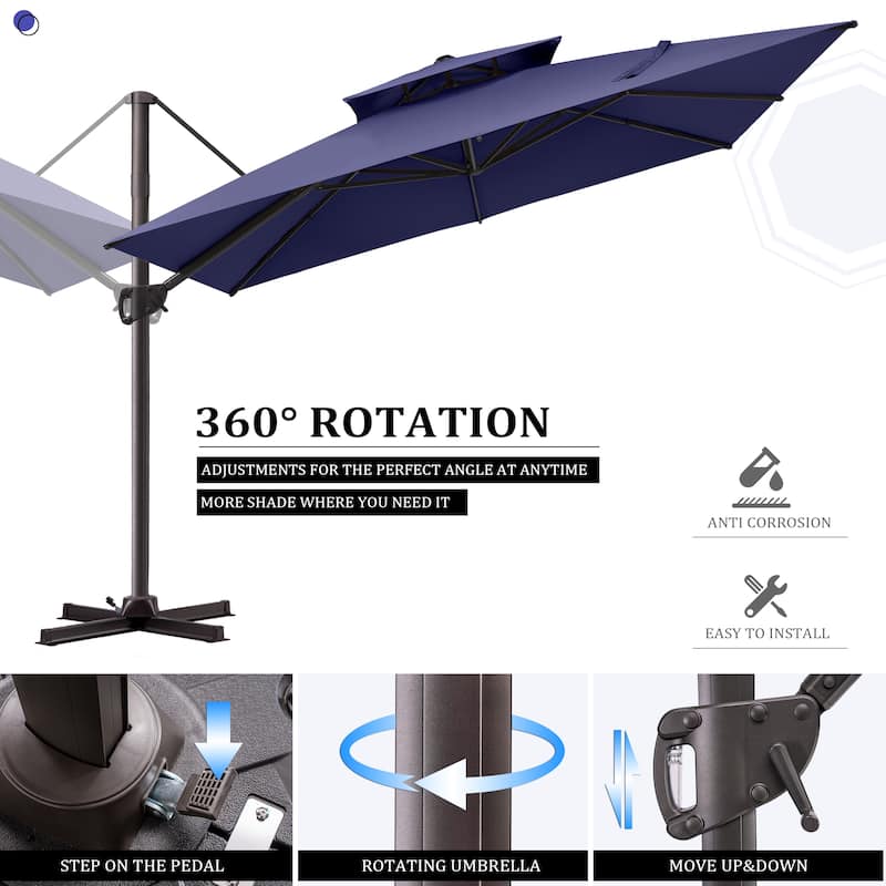 11 ft Square Patio Cantilever Offset Umbrella Double Top with Rod Base
