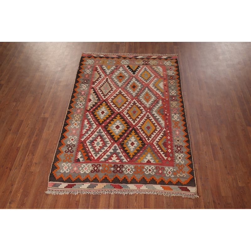 Flatweave Red & Pink Geometric Kilim Persian Vintage Area Rug - 4'4"x 6'9"