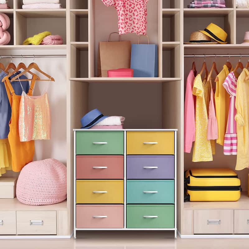Sorbus Kids Dresser with 8 Drawers - Furniture Storage Chest Tower Unit - Steel Frame, Wood Top, Tie-dye Fabric Bins (Pastel 1)