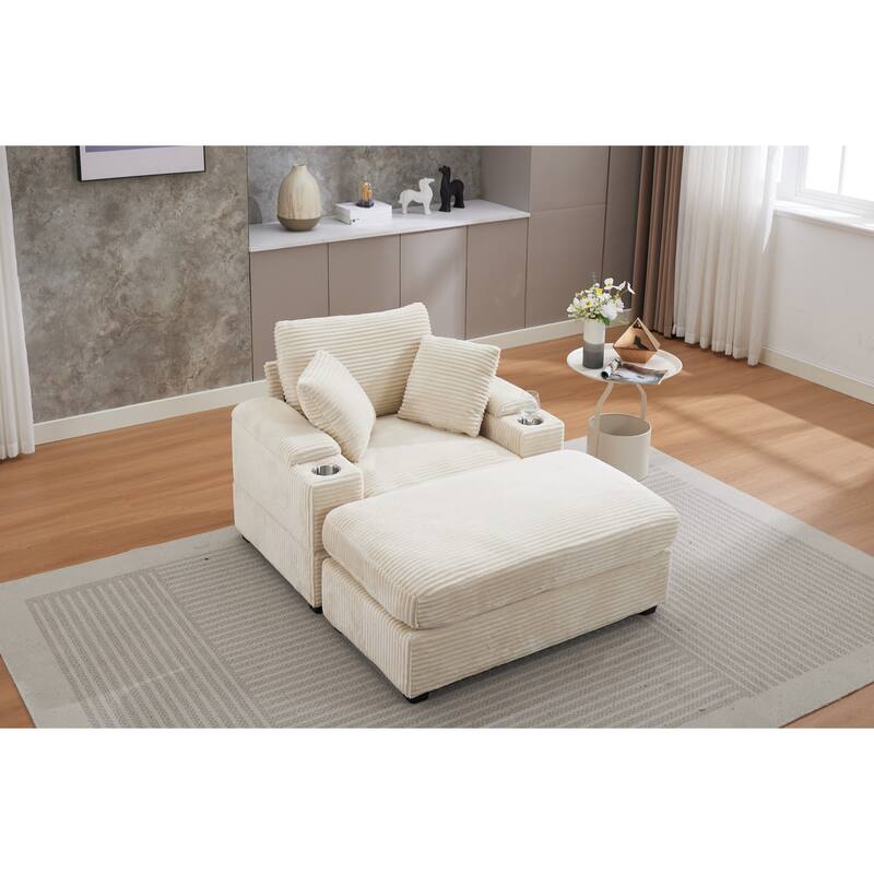 Corduroy Sofa Set with Ottoman, Handrail Storage & Cup Holders