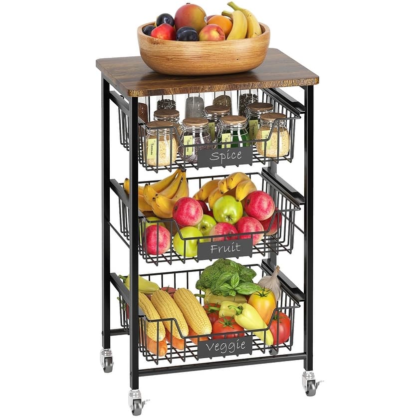 Kitchen Storage Cart with Wheels,4-Tier Metal Utility Rolling Cart Fruit Vegetable Storage Basket Pantry Rack