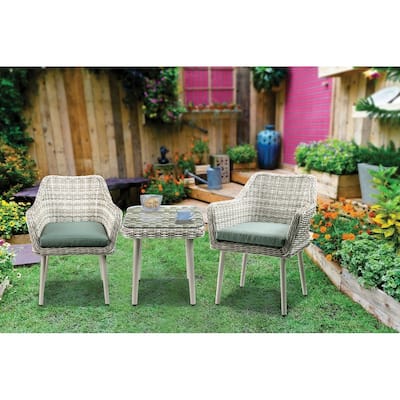 Beige Wicker Patio Bistro Set with Green Fabric Cushions - 3-Piece Outdoor Dining Set with Glass Top Table and Armchairs