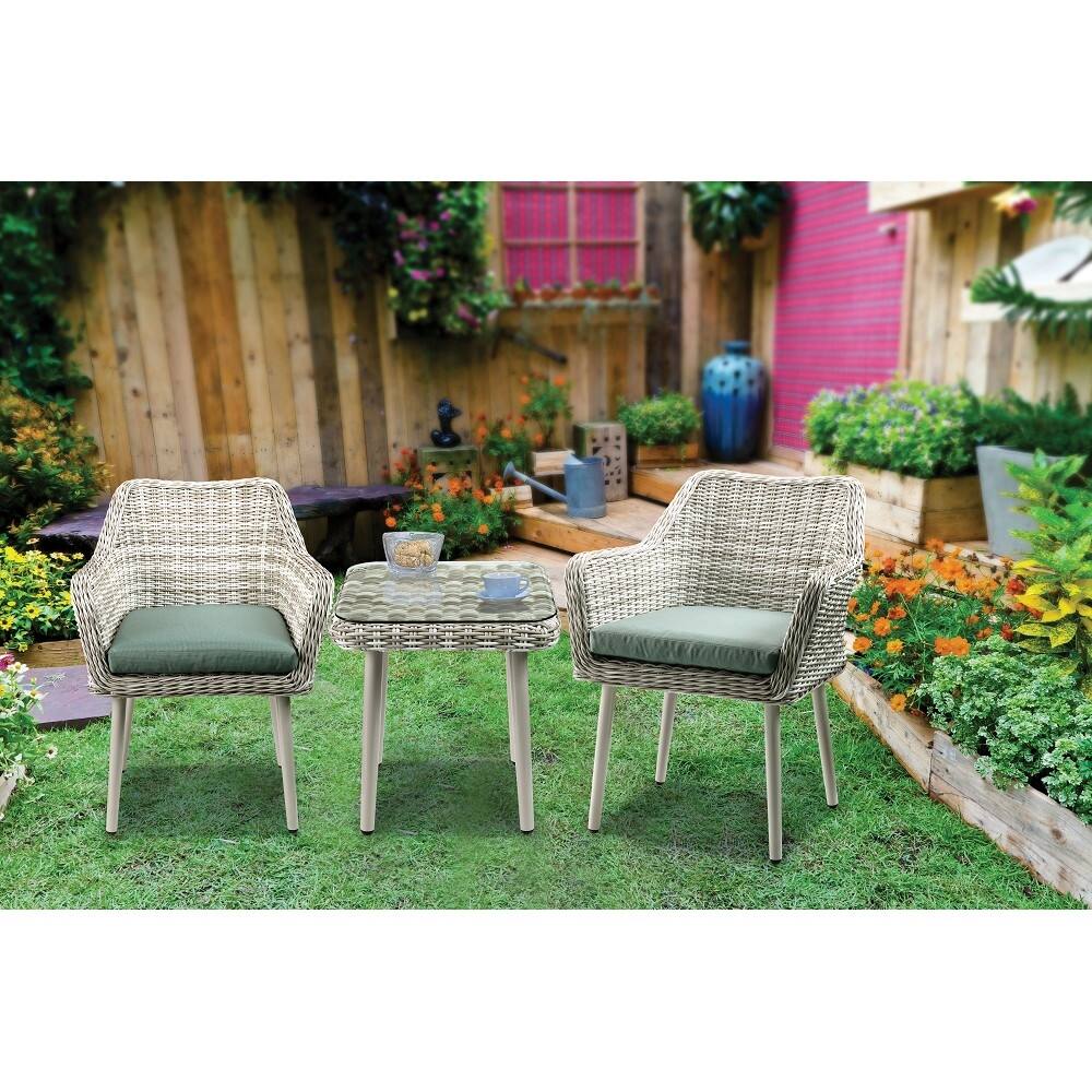 Beige Wicker Patio Bistro Set with Green Fabric Cushions - 3-Piece Outdoor Dining Set with Glass Top Table and Armchairs