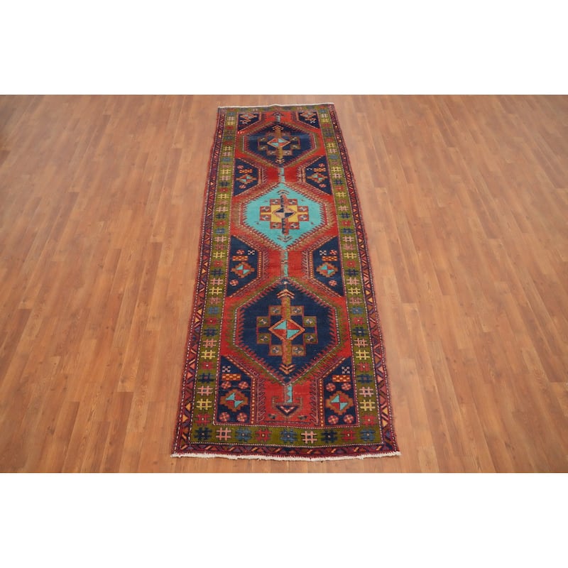 Hand Knotted Oriental 100% Wool Carpet Traditional Tribal Navy Blue & Blues Heriz Runner Rug - 9' 7'' X 3' 6''