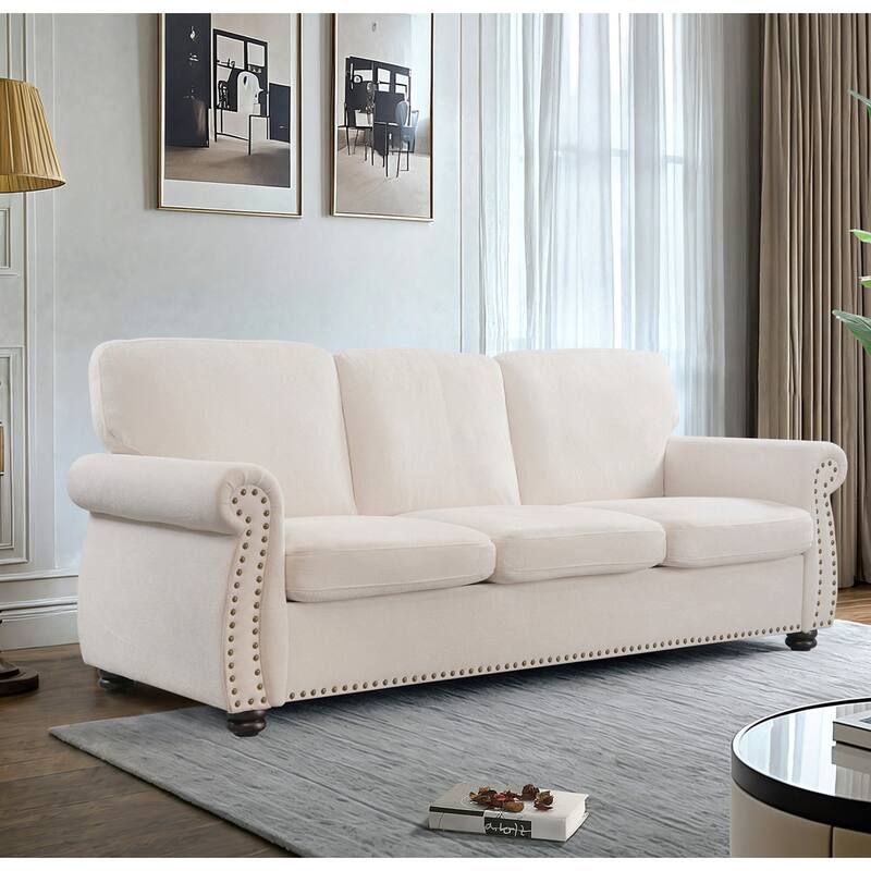 3 Seater Ivory Velvet Sofa with High-Density Foam, Loose Back Cushions and Solid Wood Turned Legs