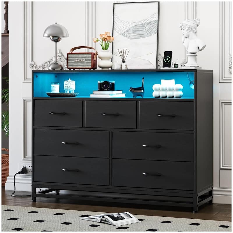 Modern 7-Drawer Dresser with Charging Station and LED Lights