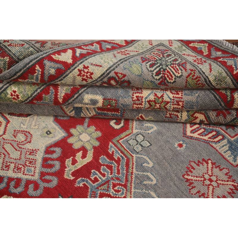 Gray Geometric Kazak Oriental Area Rug Handmade Wool Carpet - 5'7" x 7'11"