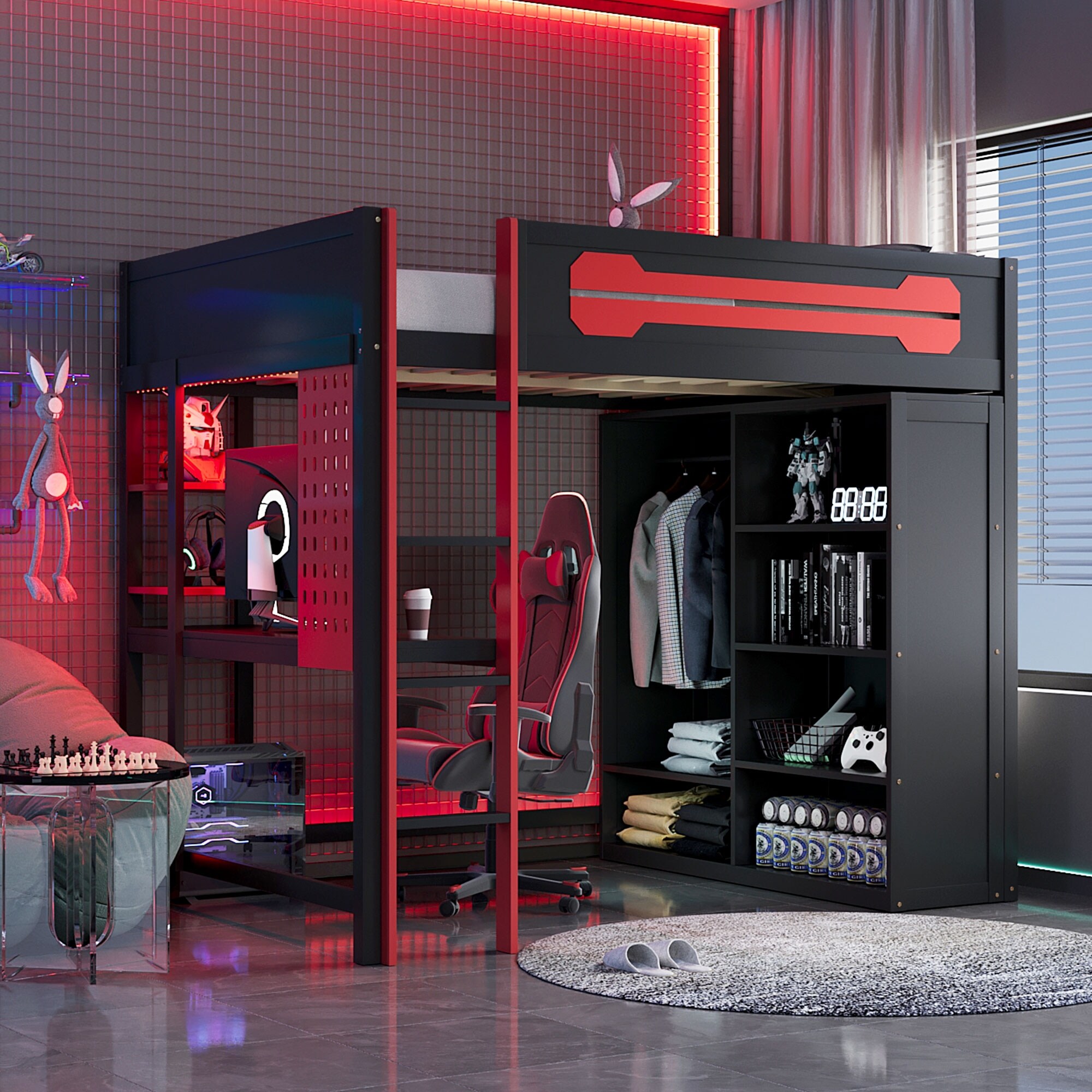 Full Size Gaming Loft Bed with Desk & Wardrobe, Wooden Storage Bed with RGB LED Lighting, Charging Station