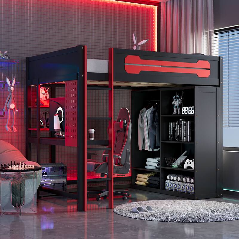 Full Size Gaming Loft Bed with Desk & Wardrobe, Wooden Storage Bed with RGB LED Lighting, Charging Station - Red