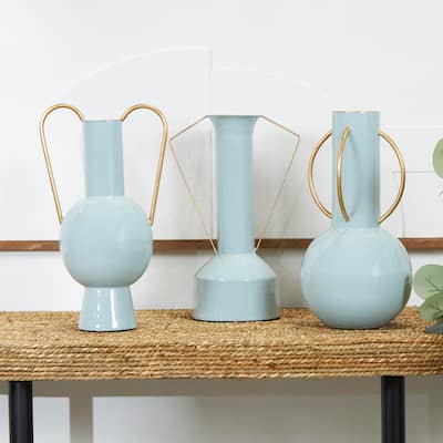 CosmoLiving by Cosmopolitan Light Blue or Cream Metal Abstract Vase with Varying Shapes and Geometric Gold Handles (Set of 3)