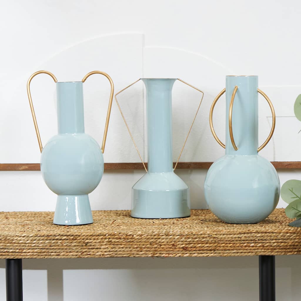 CosmoLiving by Cosmopolitan Light Blue or Cream Metal Abstract Vase with Varying Shapes and Geometric Gold Handles (Set of 3)