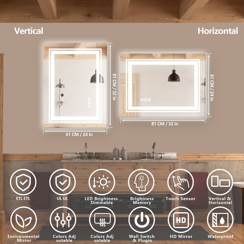 LED Bathroom Vanity Mirror 3 Colors Dimmable with Front and Backlit for Bedroom,Hotel - 32x24"