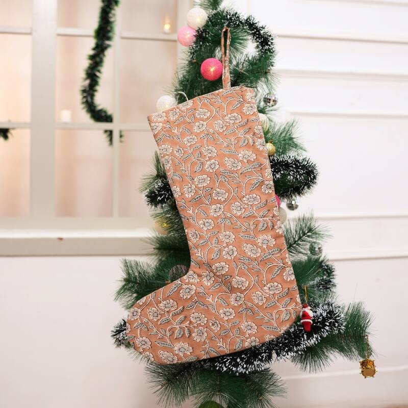 Fabdivine 16x6.5 Inches Hand Floral Block Print Christmas Stockings Tassle and Loop Perfect for Gift - 16"X6.5"