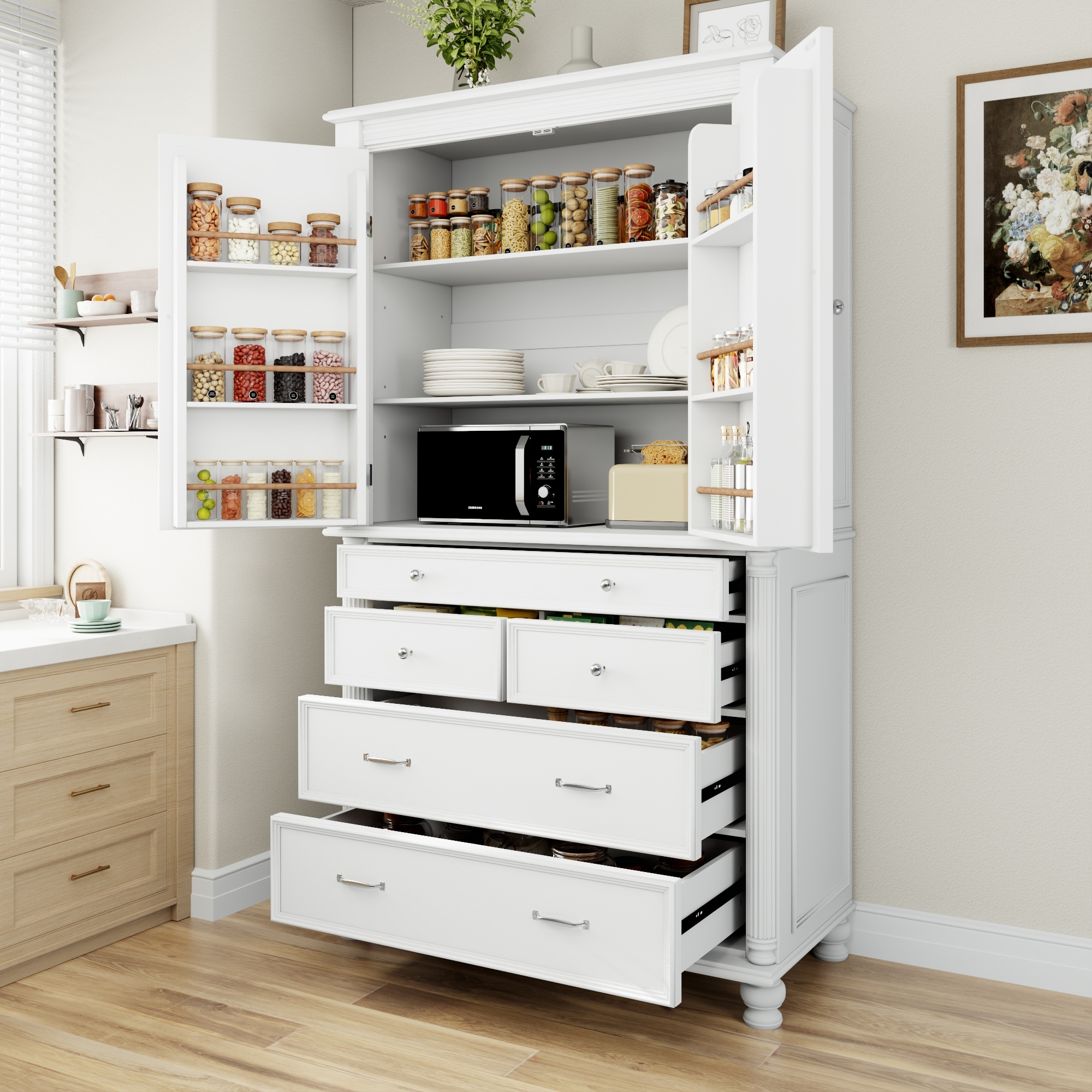 Freestanding Large Kitchen Pantry with 6 Door Shelves, 2 Adjustable Shelves and 5 Drawers
