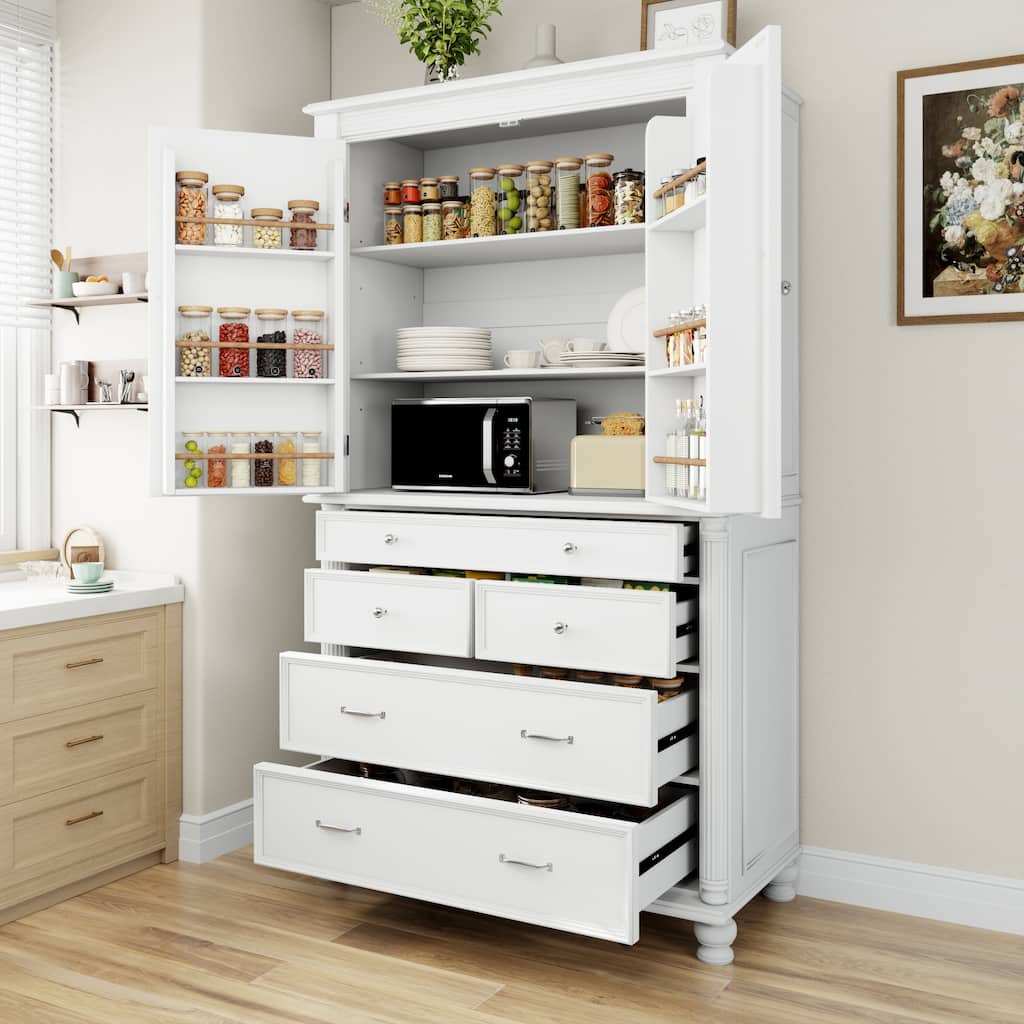 Tall Kitchen Pantry, 77.3"H - Large Storage Cabinet with 5 Drawers, 6 Door Shelves & 2 Adjustable Shelves, Freestanding