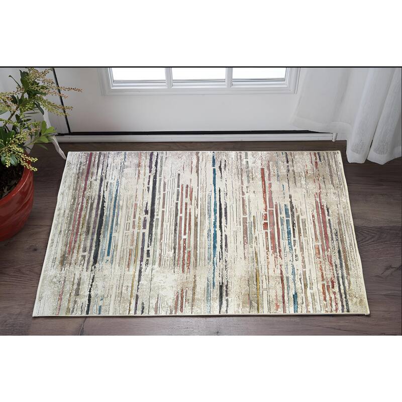 Cele Distressed Geometric Modern Stain Resistant Woven with Fringe Area Rug By HomeRoots - 39' X '25' X '0.39 - Cream/Onyx - Rectangle