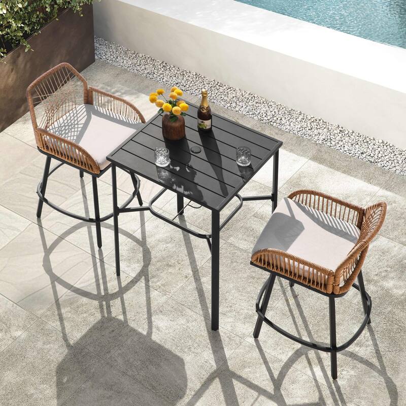 Swivel Patio Bar Set with Cushions, Handwoven Twisted Rattan Design