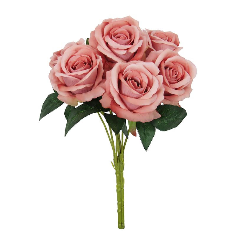 Set of 2 Dusty Rose Artificial Velvet Rose Flower Stem Bush Bouquet 16in - 16" L x 11" W x 11" DP
