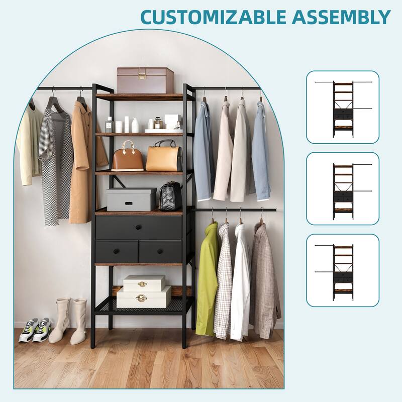 Moasis 70.8"-105"L Closet Storage Organizer with Shelves and 3 Expandable Hanger Rods
