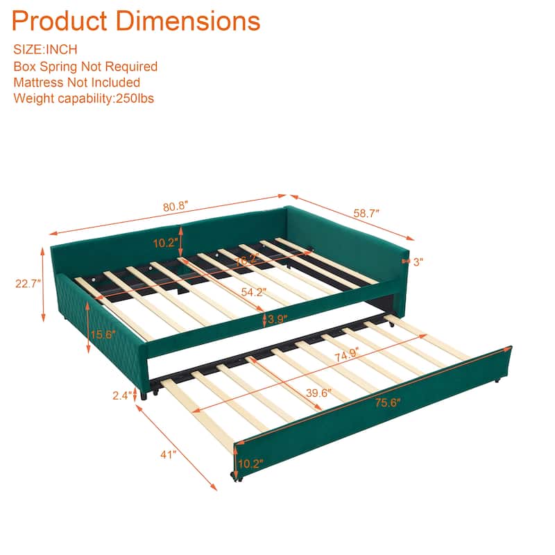 Full Size Daybed with Twin Trundle Bed, Velvet Upholstered Daybed L-shaped Slats Bed Frame Built-in USB Port with Diamond Grid