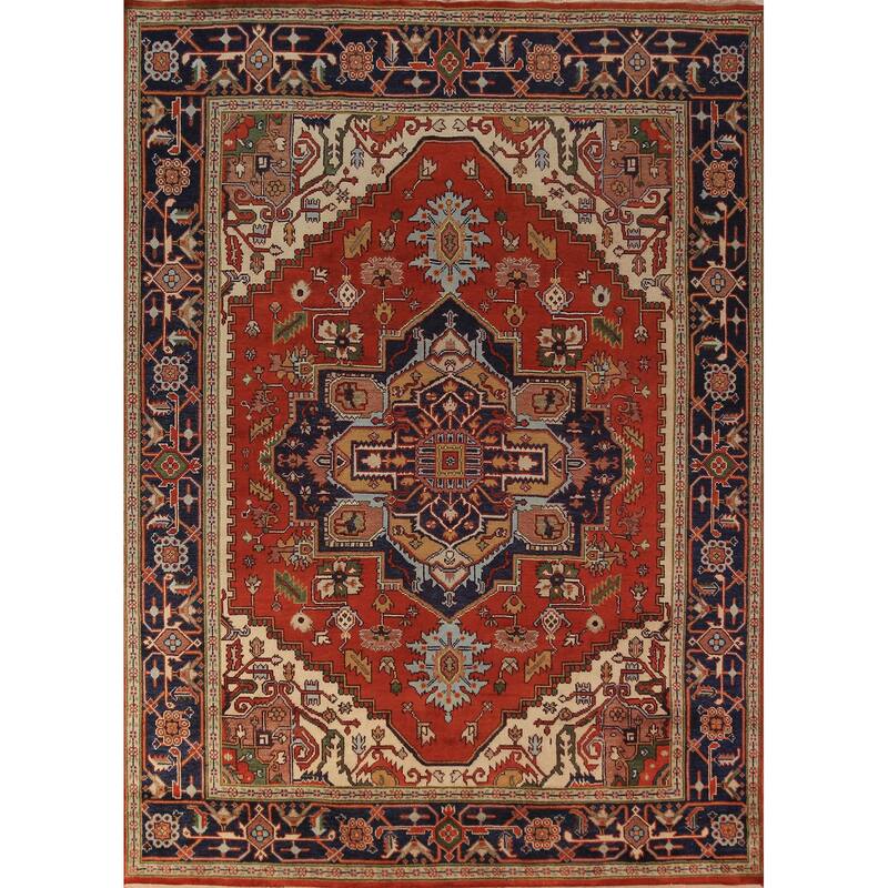 Orange Medallion Heriz Serapi Indian Area Rug Hand-Knotted Wool Carpet - 8'11"x 11'9"