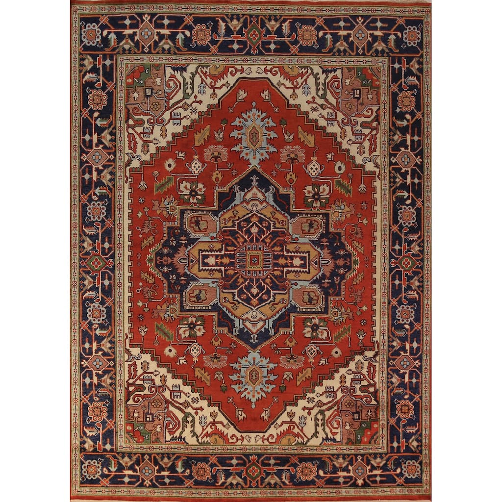 Orange Medallion Heriz Serapi Indian Area Rug Hand-Knotted Wool Carpet - 8'11"x 11'9"