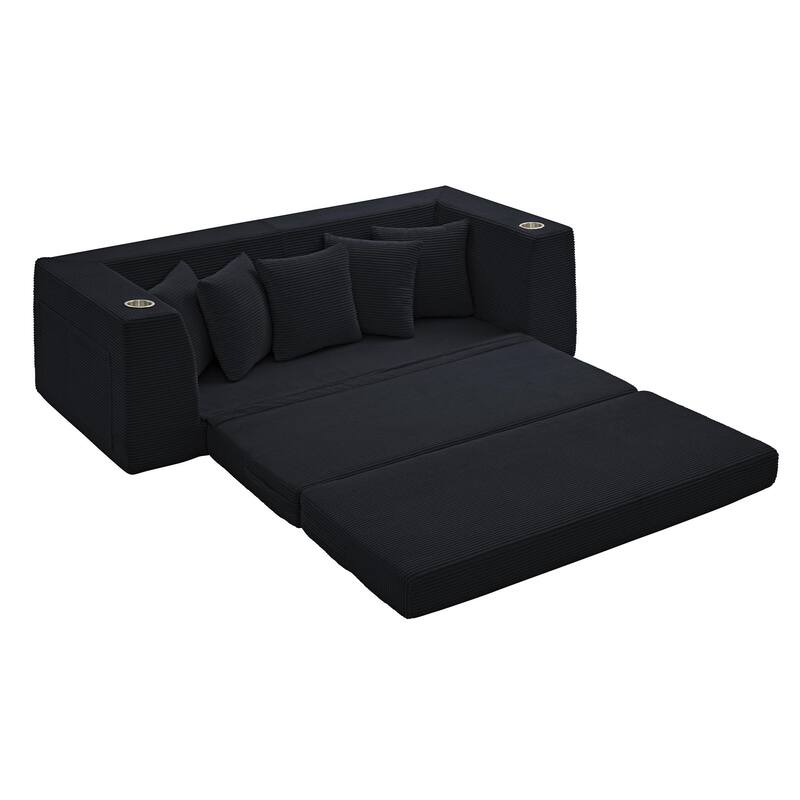 Modern Convertible Loveseat Sofa Bed, Corduroy Fabric Foldable Floor Couch w/5 Pillows, Side Pockets & Cup Holders, No Assembly