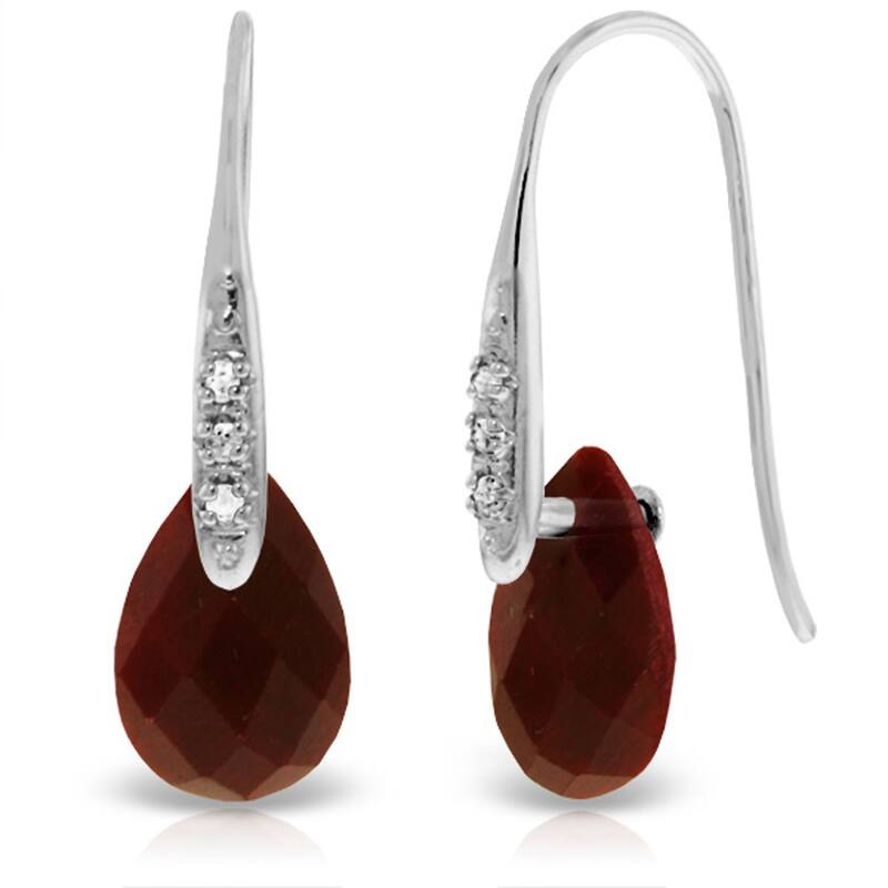 14K Solid Gold Fish Hook Earrings w/ Diamonds & Dangling Dyed Rubies - White