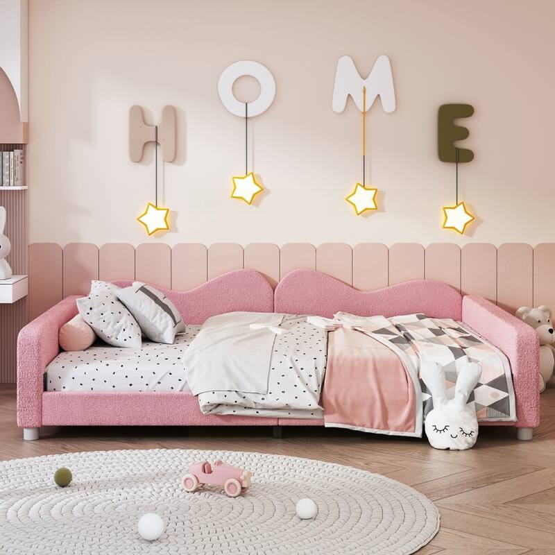 Upholstered Daybed, Sherpa Fabric Sofabed with Cloud-Shaped Backrest - Pink - Full