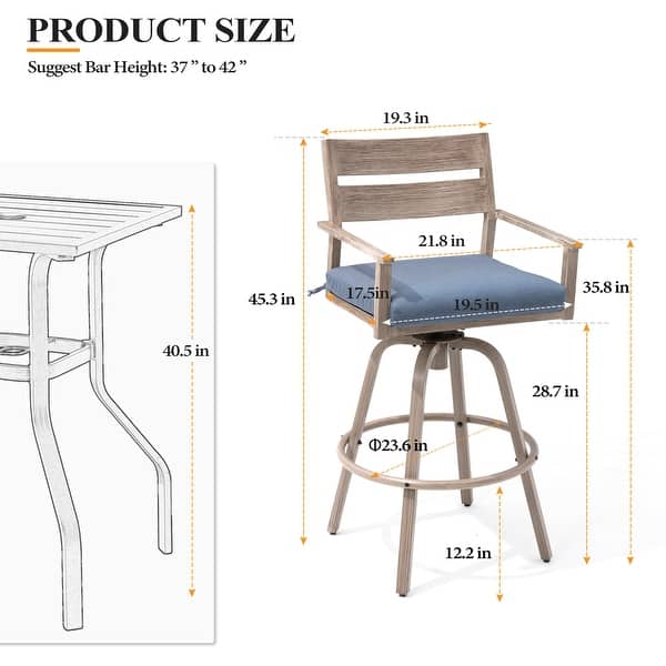 dimension image slide 2 of 4, Outdoor Aluminum Swivel Patio Bar Stools with Sunbrella Fabric Cushion