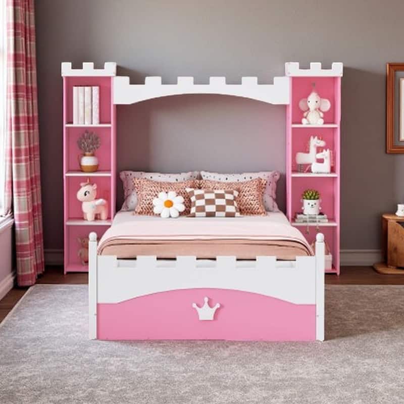 Castle-Shaped Twin Bed with Storage Shelves and Crown Footboard, Pink & White Wooden Platform Bed for Kids - Pink+White