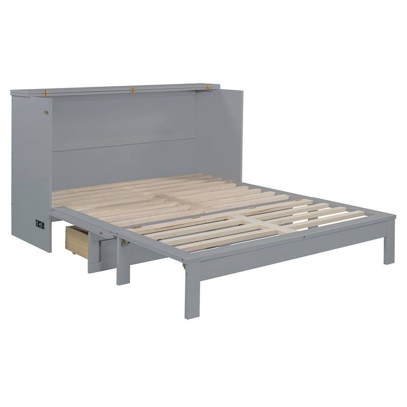 Full/Queen Size Murphy Bed Wall Bed with a Large Drawer, Wooden Space Savig Murphy Cabinet Bed, Folding Murphy Bed Chest