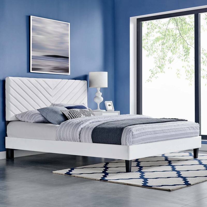 Roxanne Performance Velvet Platform Bed With Black Wood Legs - Full - White