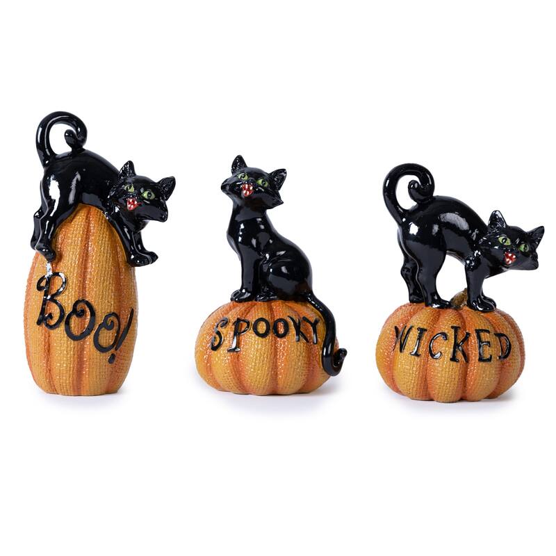 HomeRoots Set of Three Black And Orange Polyresin Halloween Black Cat Figurines - 3.40 in. x 5.40 in. x 3.40 in.
