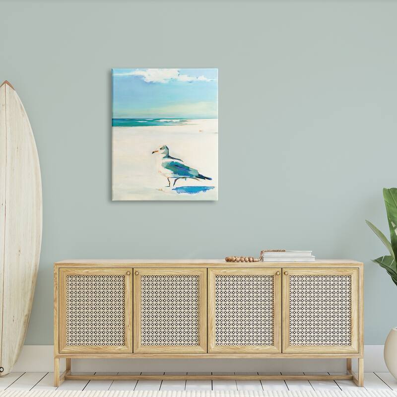 Stupell Seagull on Sandy Shore Soft Tranquil Beach Scene Canvas Wall Art - Blue