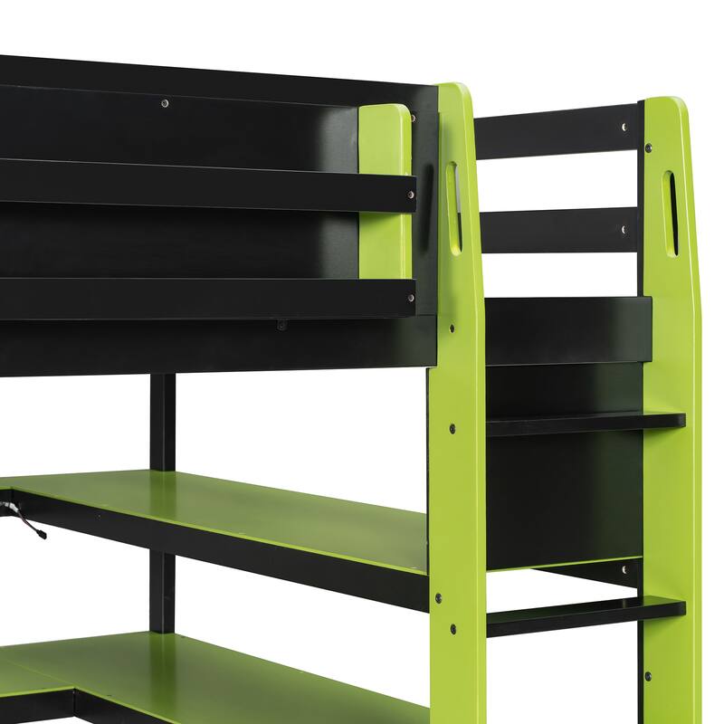 Loft Bed with Wraparound Study Hub, Side Storage Rack, USB Charging & RGB Light by Harper&Bright Designs