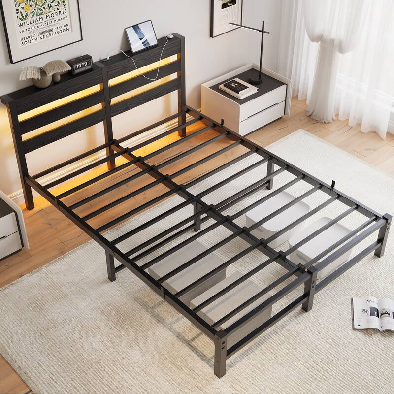 Queen Size Metal Bed Frame Metal Platform Bed with Wooden Headboard, RGB Lights, Charger and Shelf