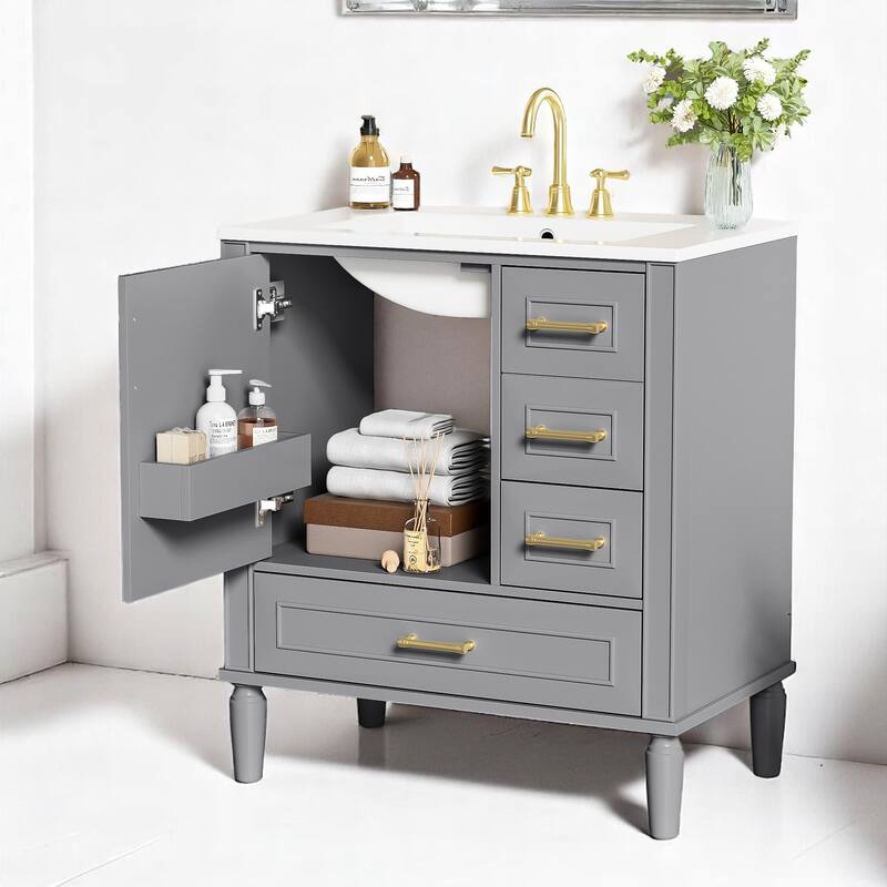 30" Bathroom Vanity with Sink, Freestanding Storage Cabinet with 3 Drawers, Soft-Close Door, Ceramic Basin,Bathroom Cabinet