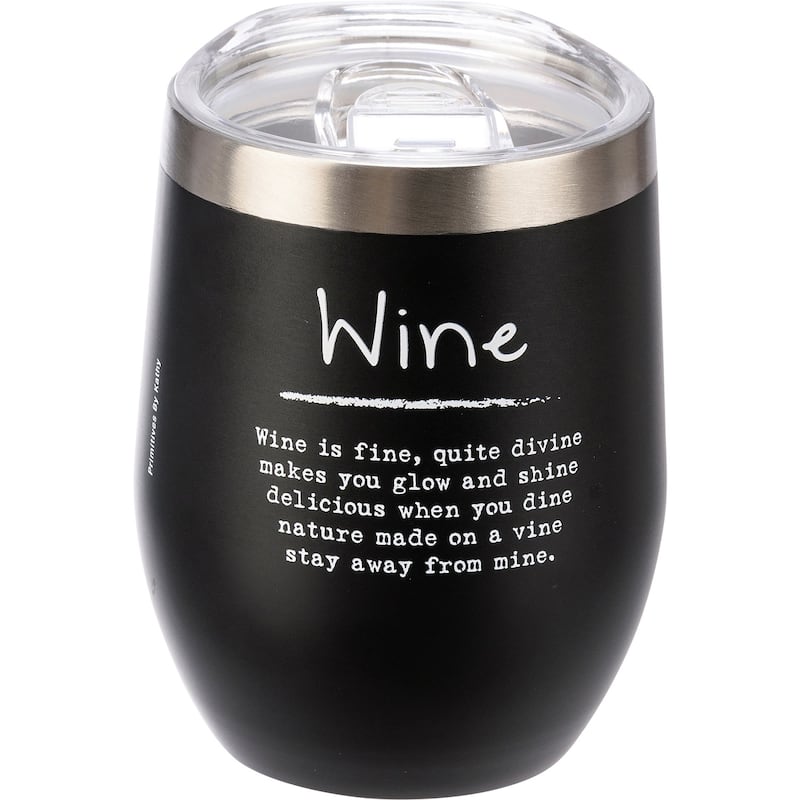 Wine is Fine Wine Tumbler Stainless Steel with Plastic Lid 12 Ounces - Black
